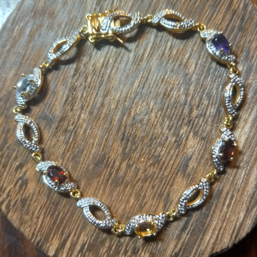 Gold Plated Brass Multi Gemstones & Diamond Accent Bracelet